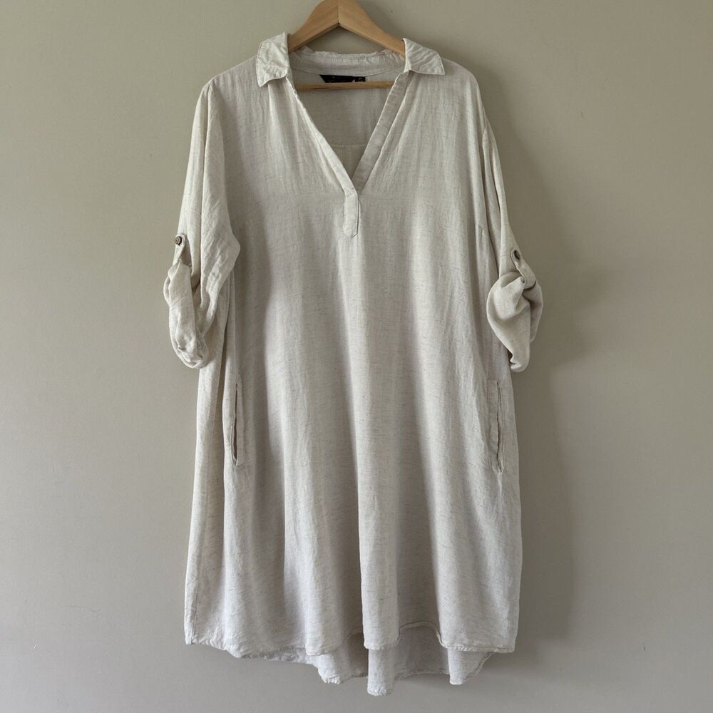 Mlle Gabriella 2X Cotton Linen Shirt Dress V-Neck Roll Tab Sleeve Pockets Lagen